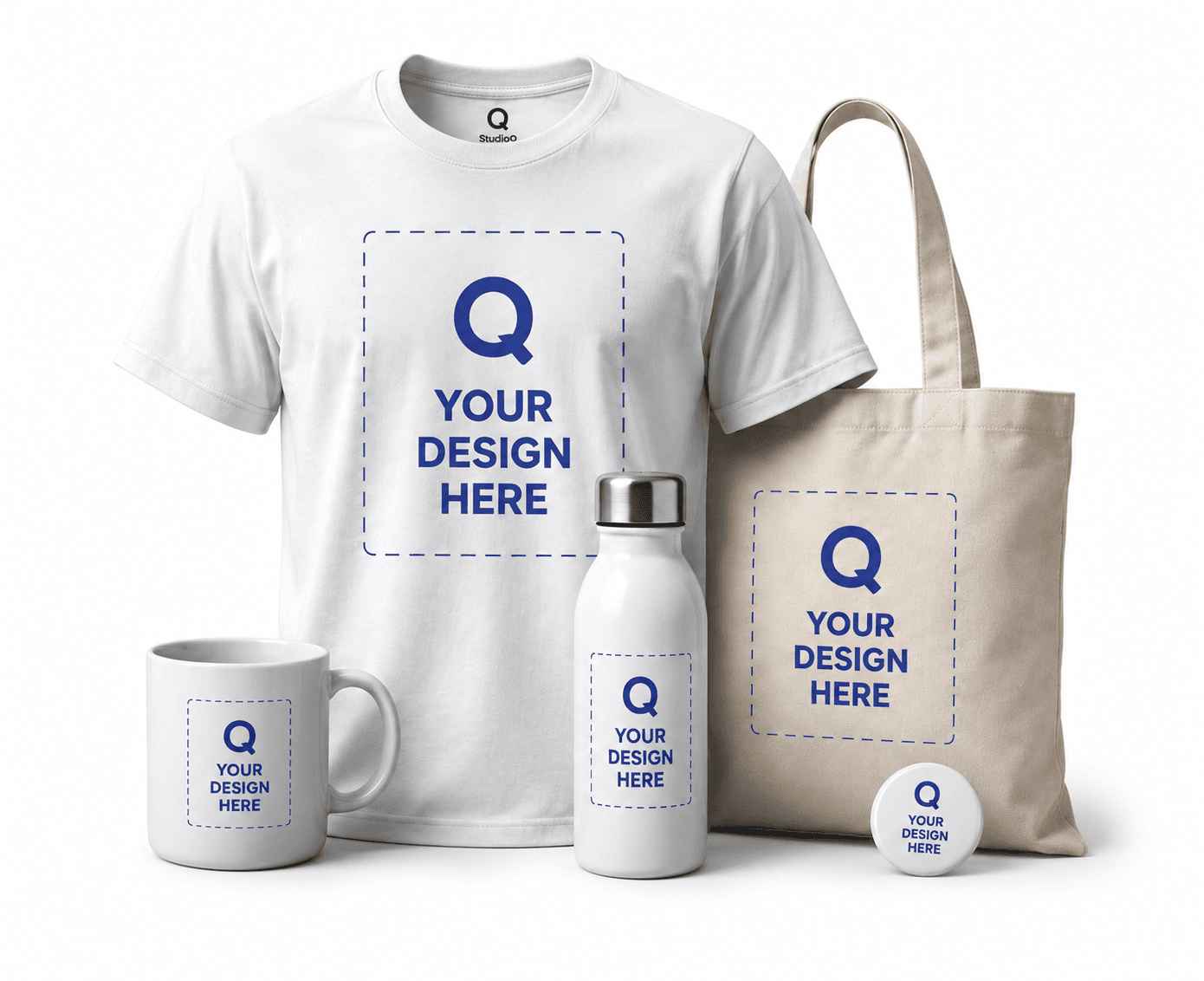 Custom merchandise mockups including apparel, mug, bottle, badge, and tote bag.